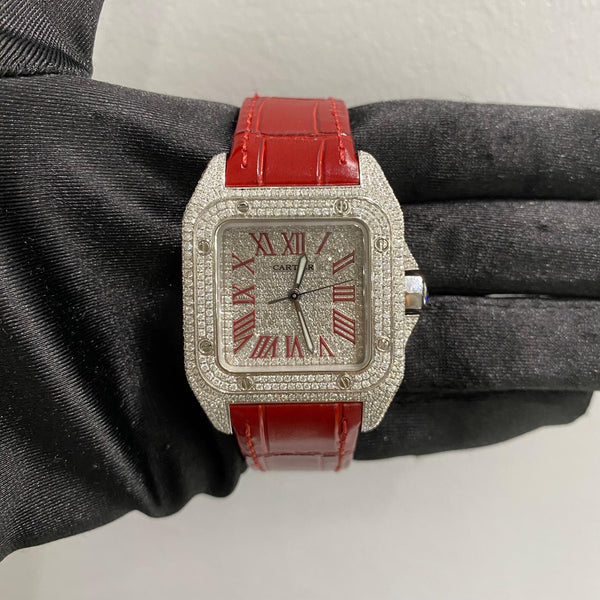 Cartier Santos 100 Red Leather Strap - Lyana Diamonds display picture 1