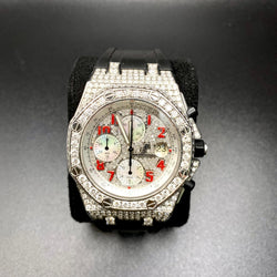 Audemards Piguet Royal Oak Offshore Black Strap Diamond Bezel Red Dial Chronograph