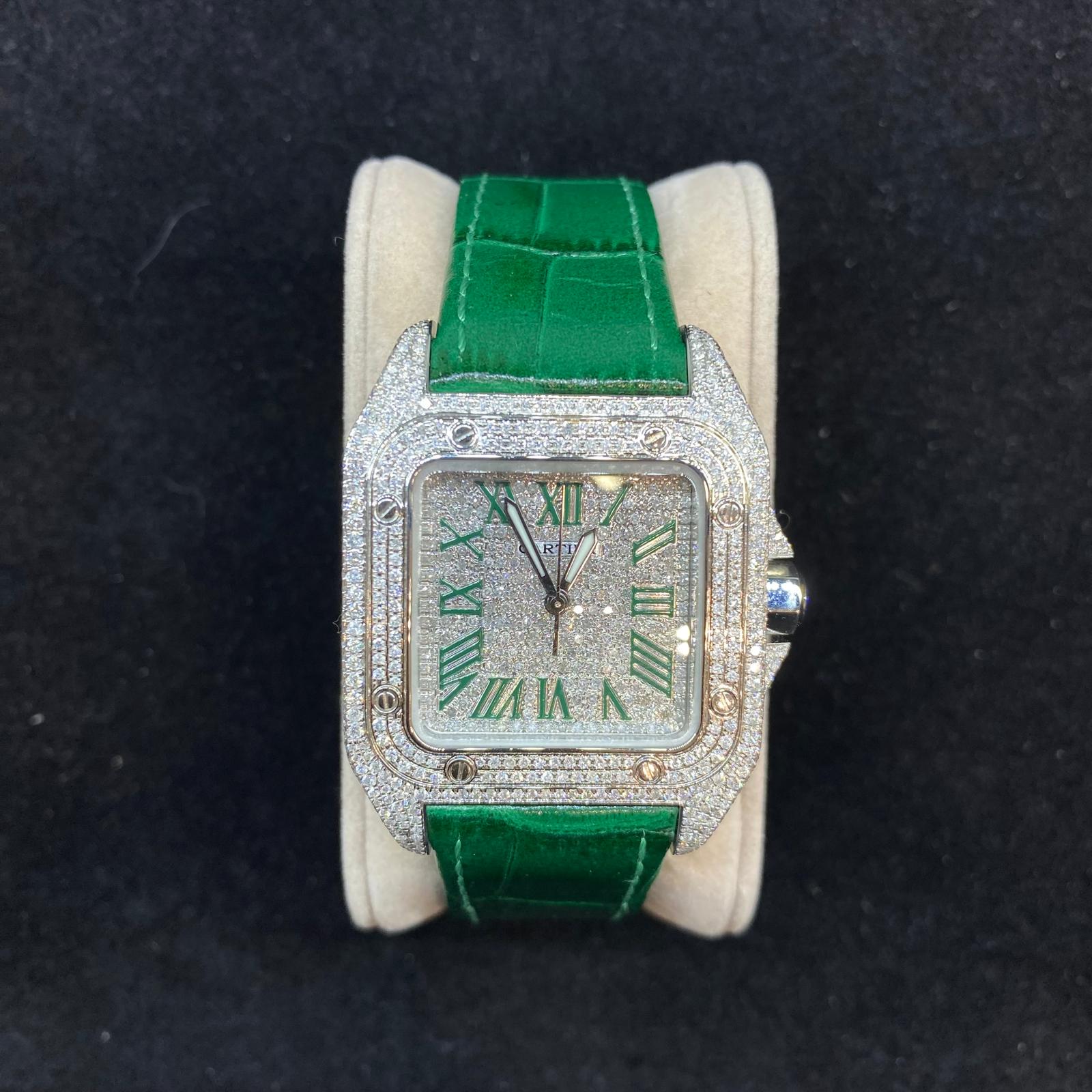 Cartier Santos 100 Green Leather Strap Green Roman Dial