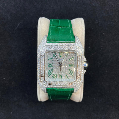 Cartier Santos 100 Green Leather Strap Green Roman Dial