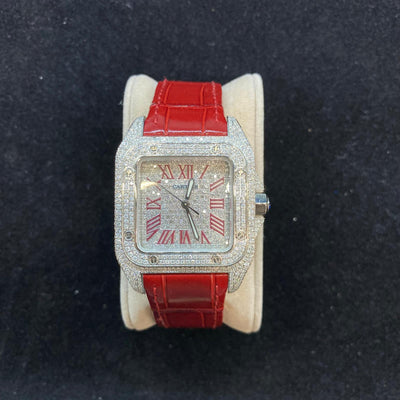 Cartier Santos 100 Red Leather Strap Red Roman Dial