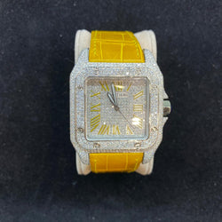 Cartier Santos 100 Yellow Leather Strap Yellow Roman Dial