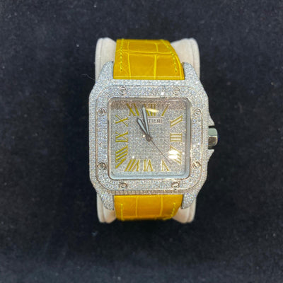 Cartier Santos 100 Yellow Leather Strap Yellow Roman Dial