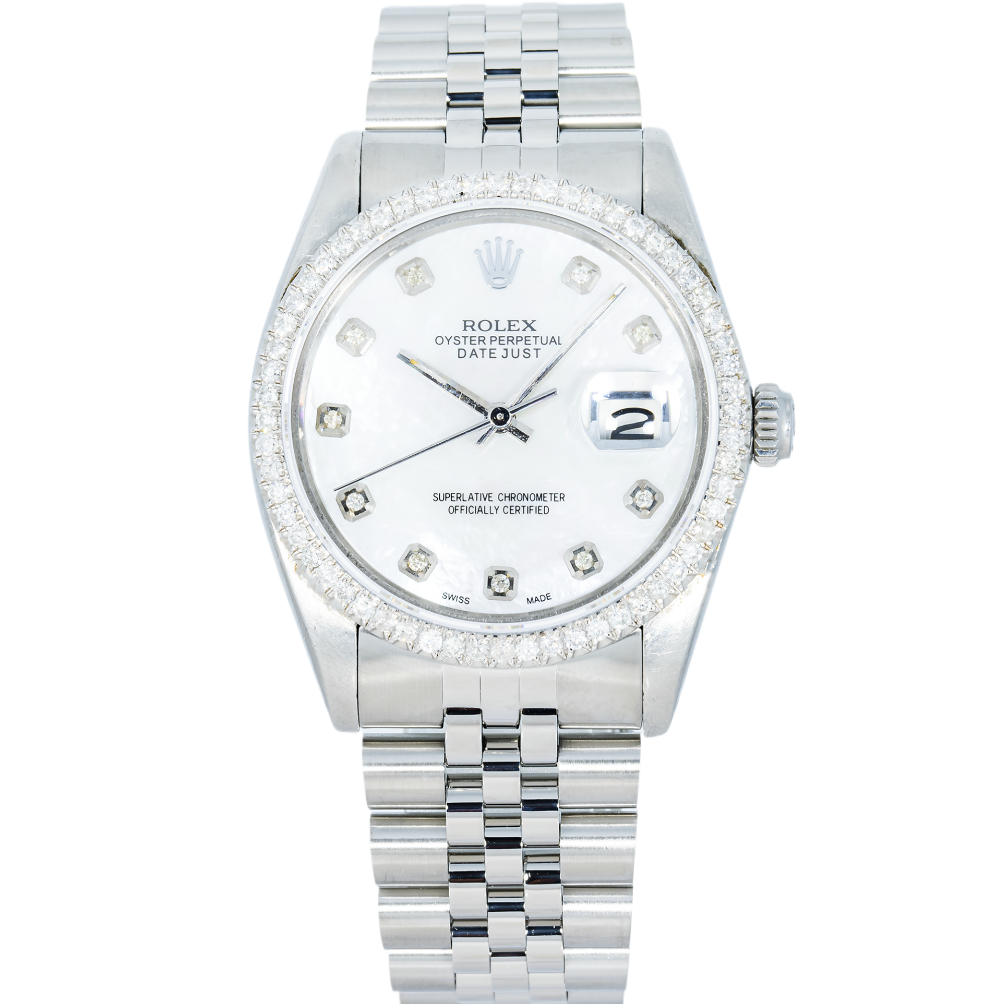 Rolex 36mm Datejust White Pearl Dial, Diamond Bezel
