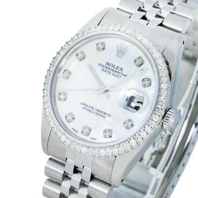 Rolex 36mm Datejust White Pearl Dial, Diamond Bezel
