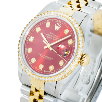 Rolex 36mm Datejust Red Dial, Diamond Bezel
