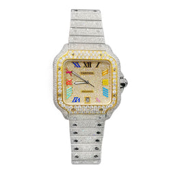 Cartier Santos 100 Rainbow Roman Dial 40mm Full Iced Out 
