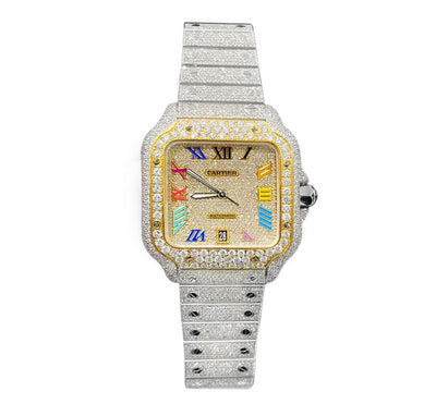 Cartier Santos 100 Rainbow Roman Dial 40mm Full Iced Out 